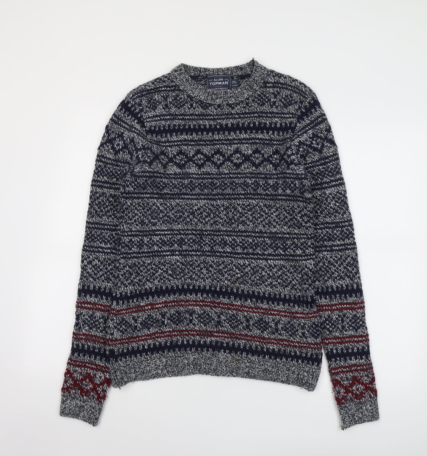 Topman Mens Blue Round Neck Fair Isle Acrylic Pullover Jumper Size S Long Sleeve