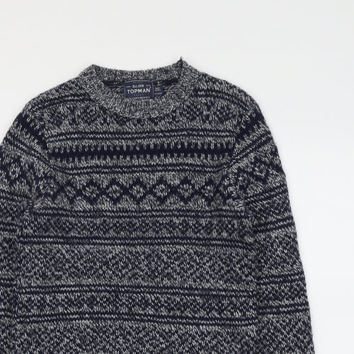 Topman Mens Blue Round Neck Fair Isle Acrylic Pullover Jumper Size S Long Sleeve