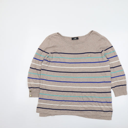 Wallis Womens Beige Round Neck Striped Cotton Pullover Jumper Size 16