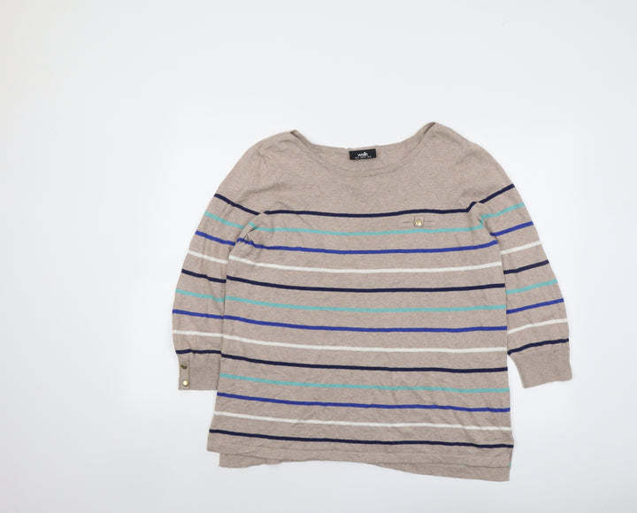 Wallis Womens Beige Round Neck Striped Cotton Pullover Jumper Size 16