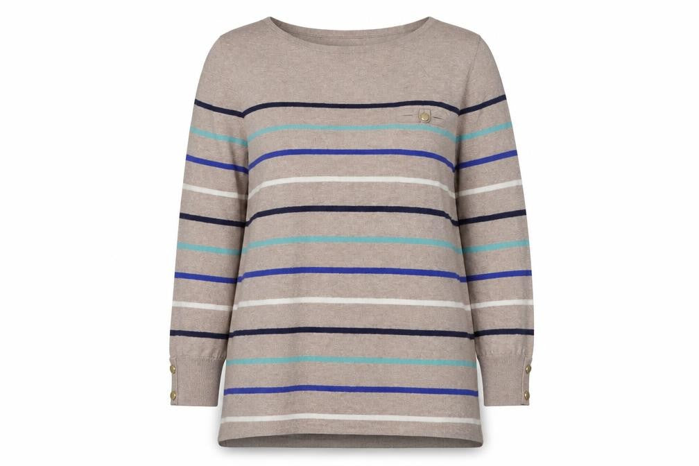 Front view of Wallis women’s beige round neck striped cotton jumper, size UK 16