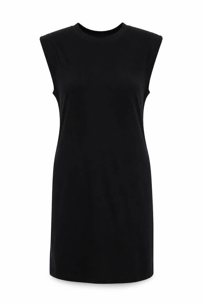 Front view of Stradivarius women’s black cotton tank dress, size M, round neck pullover