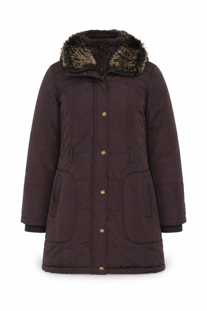 Front view of Debenhams women’s brown overcoat coat, size UK 10, zip