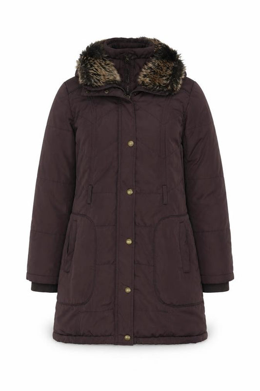 Front view of Debenhams women’s brown overcoat coat, size UK 10, zip
