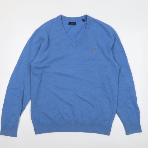 GANT Mens Blue V-Neck Wool Pullover Jumper Size L Long Sleeve