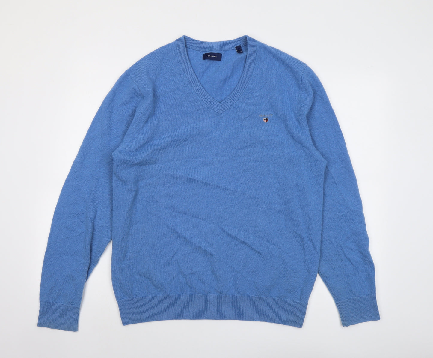GANT Mens Blue V-Neck Wool Pullover Jumper Size L Long Sleeve