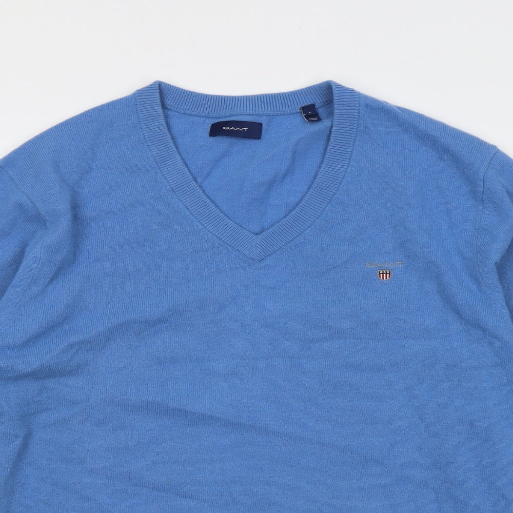 GANT Mens Blue V-Neck Wool Pullover Jumper Size L Long Sleeve