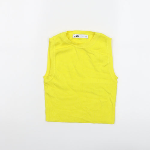 Zara Womens Yellow Viscose Cropped T-Shirt Size S Crew Neck