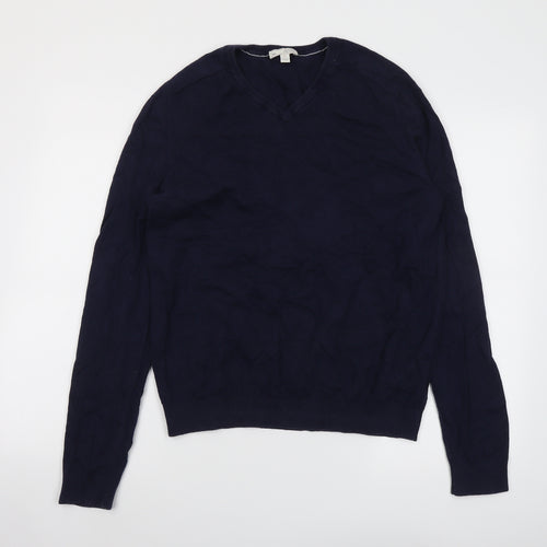 Gap Mens Blue V-Neck Cotton Pullover Jumper Size M Long Sleeve