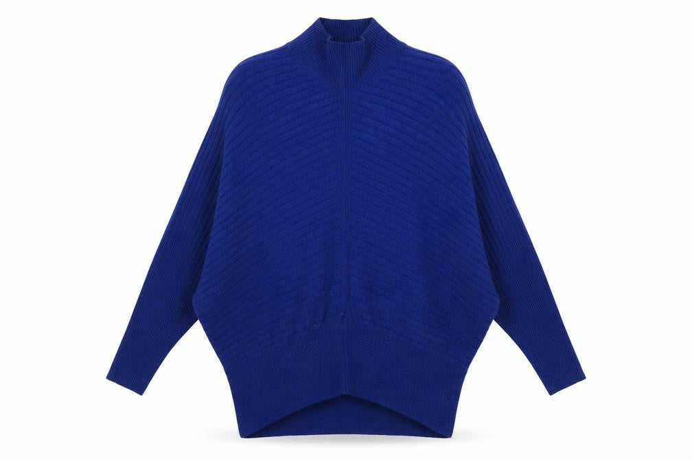Front view of River Island women’s blue high neck viscose jumper, size XS