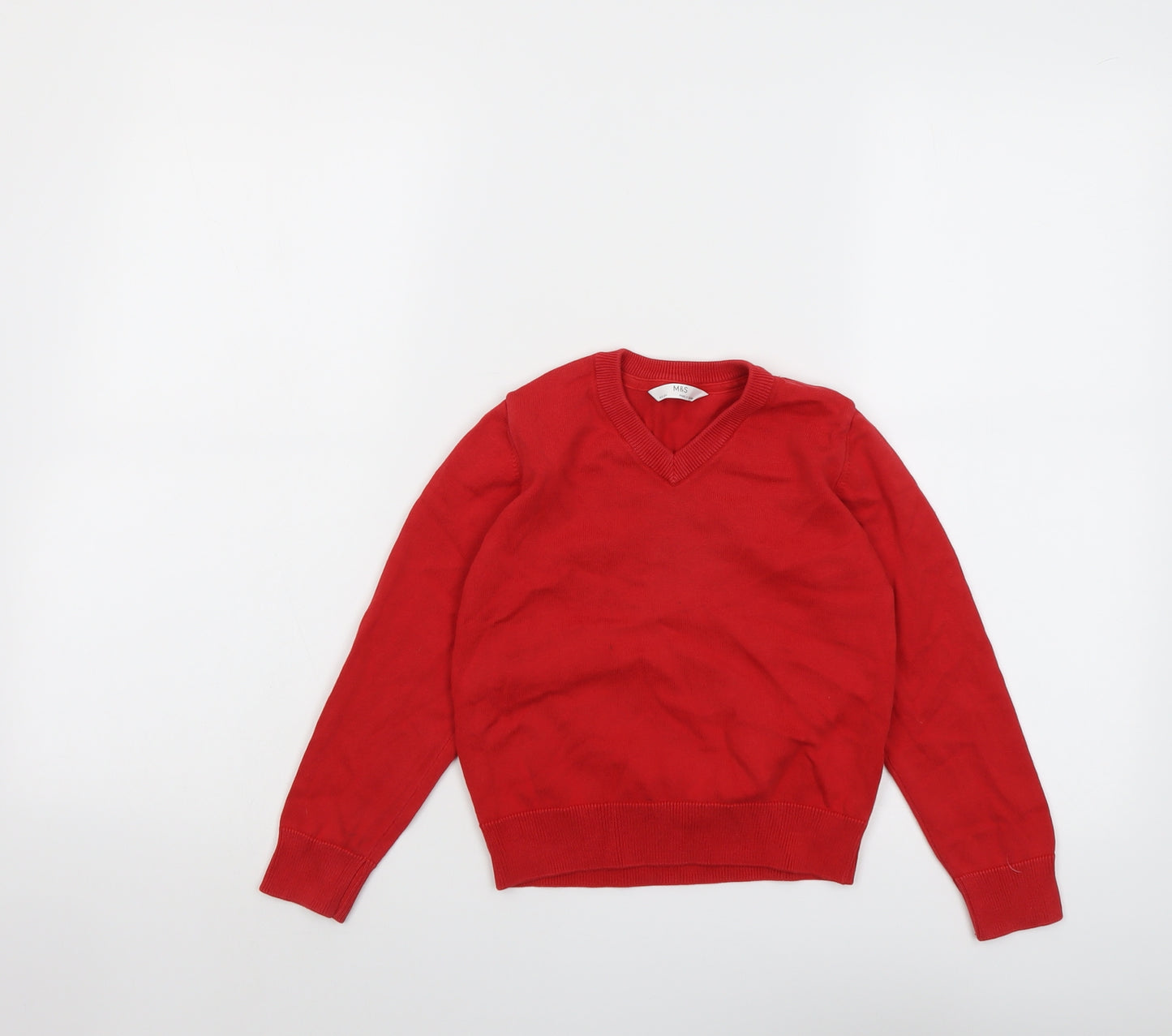 Marks and Spencer Boys Red V-Neck Cotton Pullover Jumper Size 4-5 Years Pullover