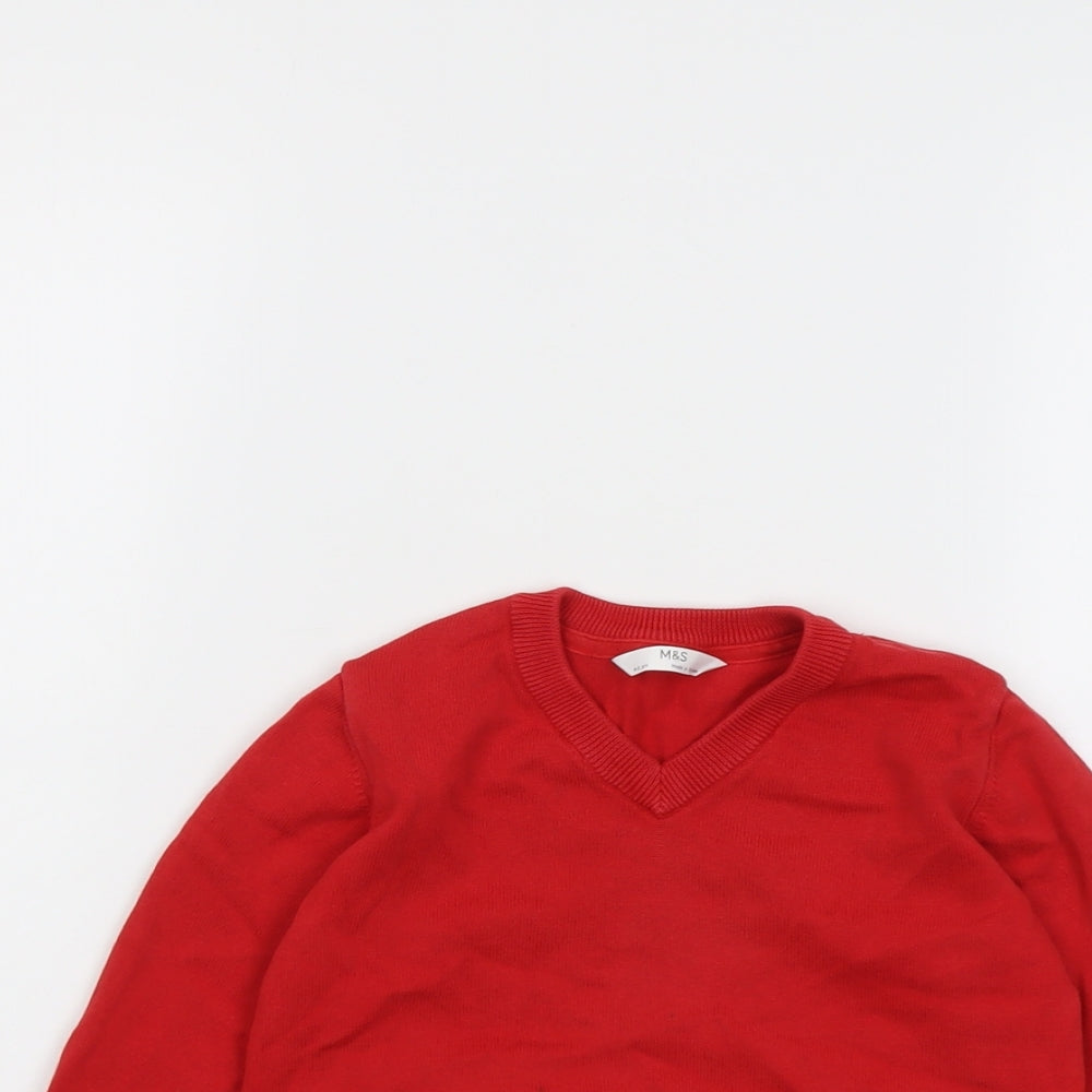 Marks and Spencer Boys Red V-Neck Cotton Pullover Jumper Size 4-5 Years Pullover