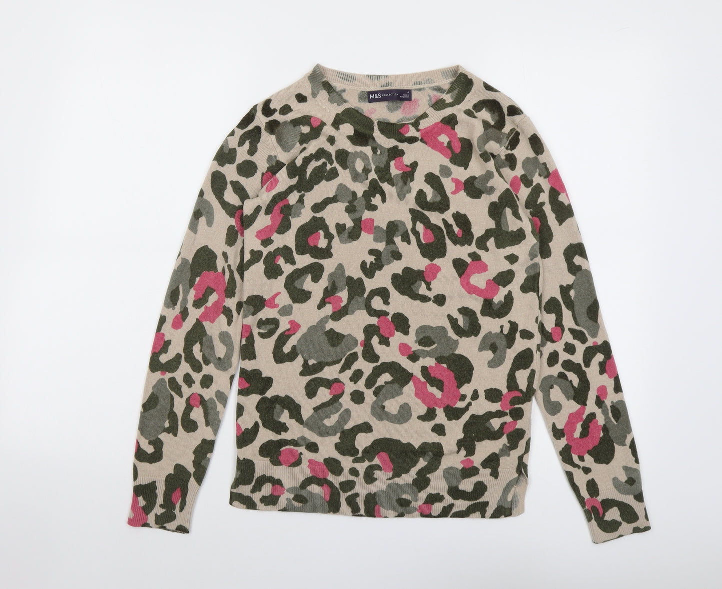 Marks and Spencer Womens Multicoloured Round Neck Animal Print Acrylic Pullover Jumper Size 6 - Leopard Print