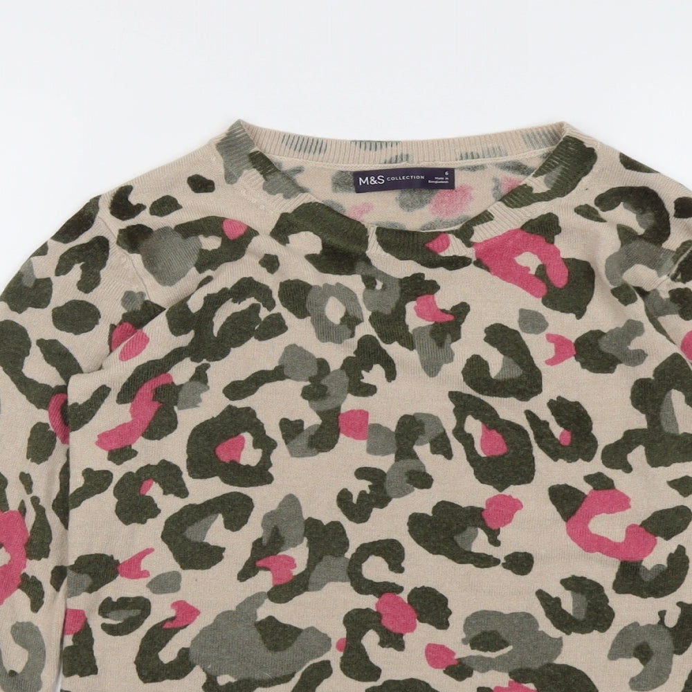 Marks and Spencer Womens Multicoloured Round Neck Animal Print Acrylic Pullover Jumper Size 6 - Leopard Print