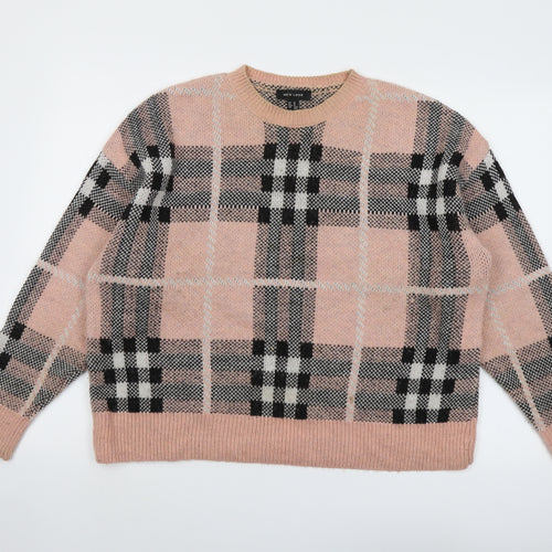 New Look Womens Pink Round Neck Plaid Acrylic Pullover Jumper Size M