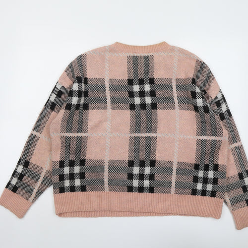 New Look Womens Pink Round Neck Plaid Acrylic Pullover Jumper Size M