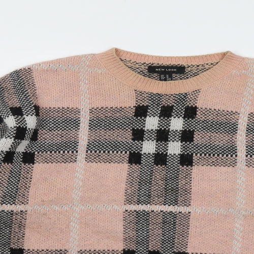 New Look Womens Pink Round Neck Plaid Acrylic Pullover Jumper Size M