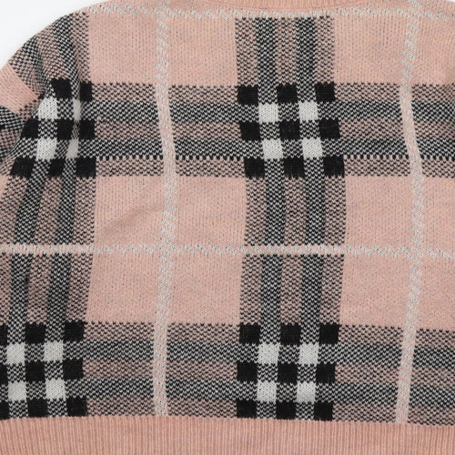 New Look Womens Pink Round Neck Plaid Acrylic Pullover Jumper Size M