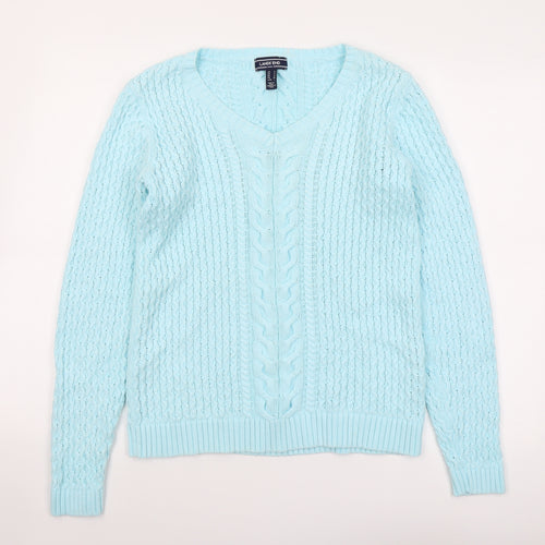 Lands' End Womens Blue V-Neck Cotton Pullover Jumper Size S
