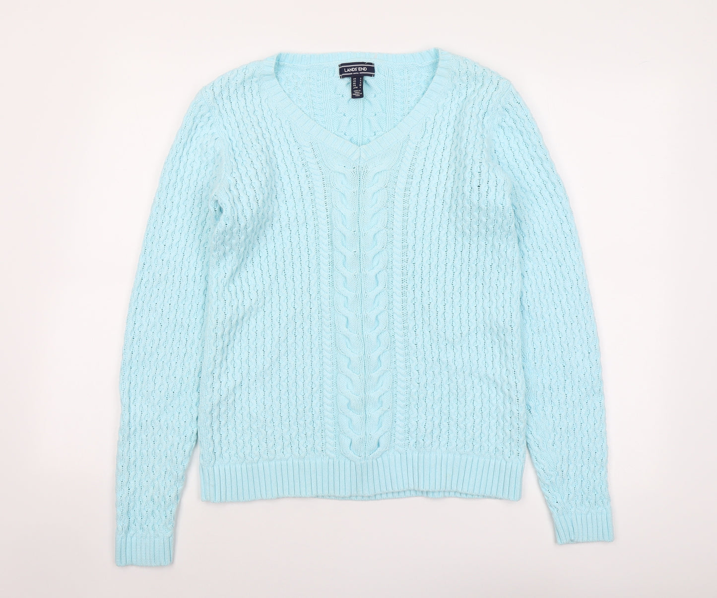 Lands' End Womens Blue V-Neck Cotton Pullover Jumper Size S