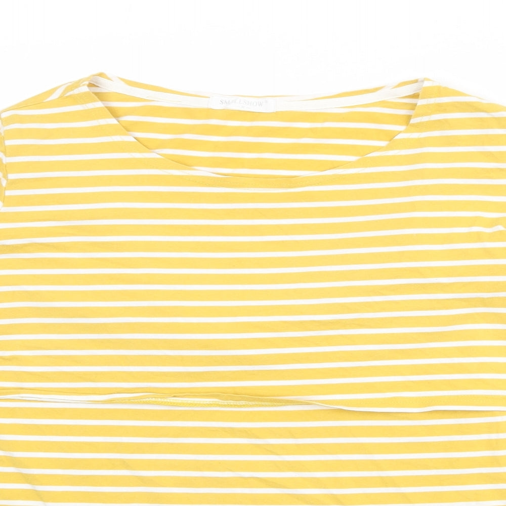 Smallshow Womens Yellow Striped Cotton Basic T-Shirt Size M Round Neck