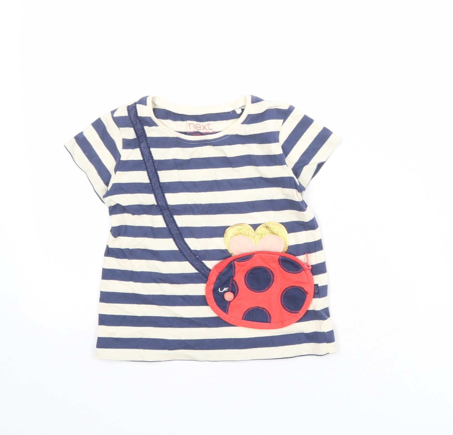 NEXT Girls Blue Striped 100% Cotton Basic T-Shirt Size 2-3 Years Boat Neck Pullover - Ladybird