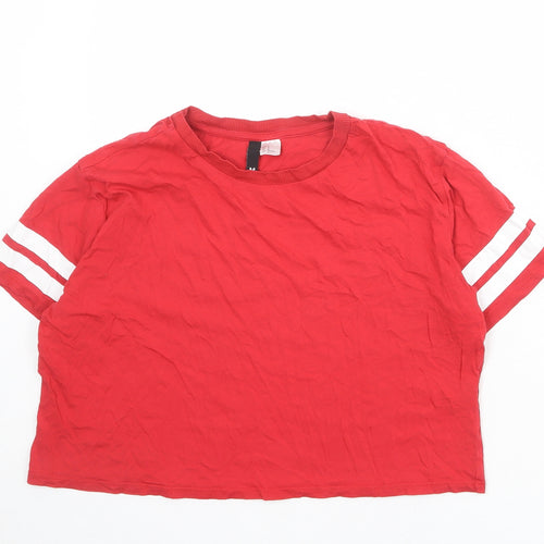 Divided by H&M Womens Red 100% Cotton Basic T-Shirt Size M Crew Neck - Stripe Detail