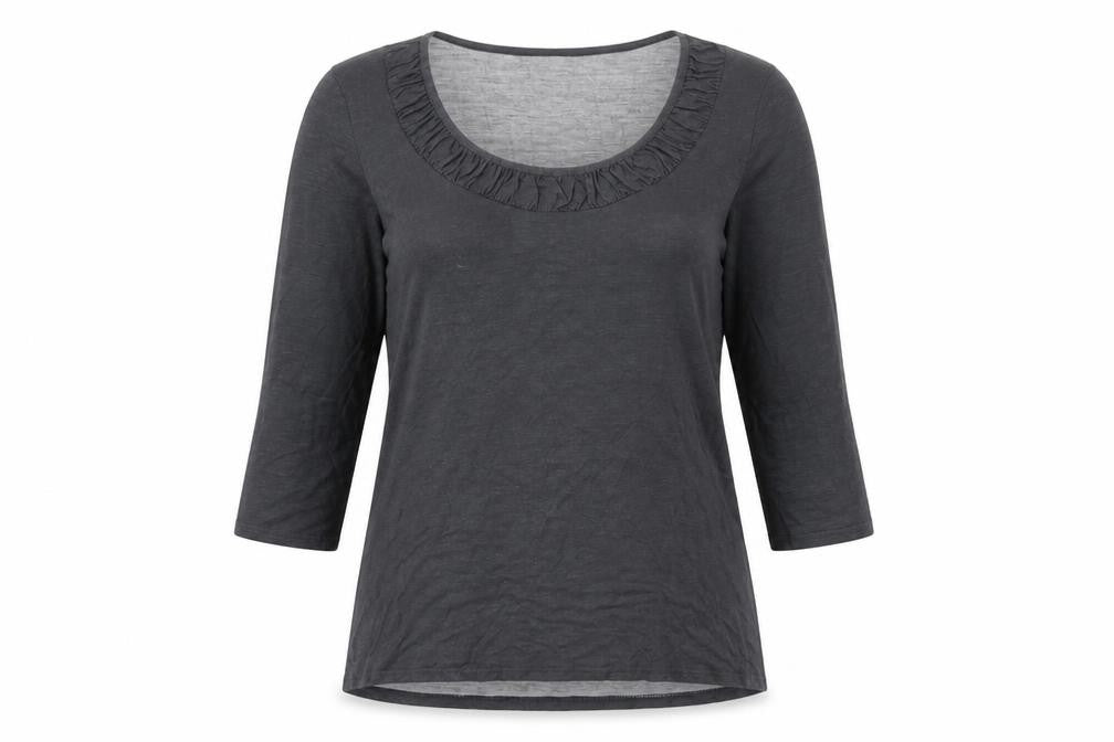 Front view of Just Elegance women’s grey viscose basic t-shirt, size UK 14, scoop neck