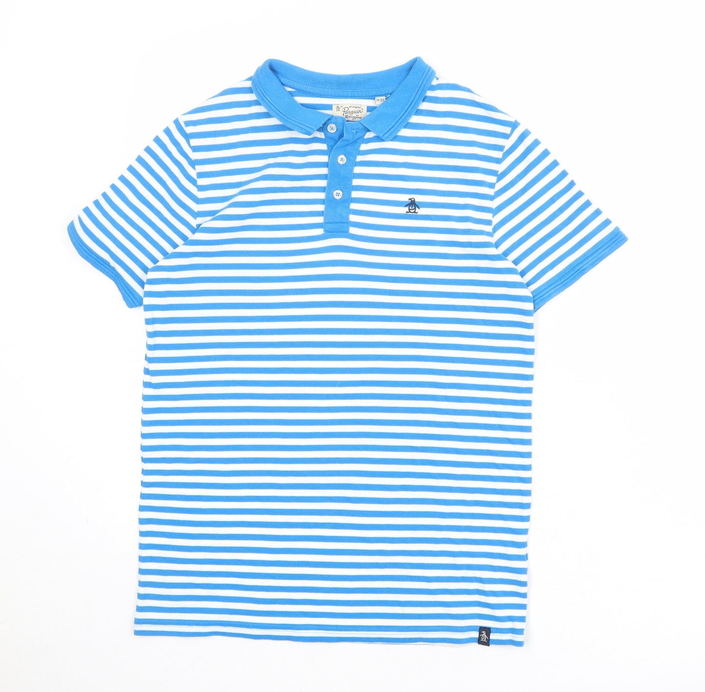 Penguin Boys Blue Striped 100% Cotton Basic Polo Size 14-15 Years Collared Button