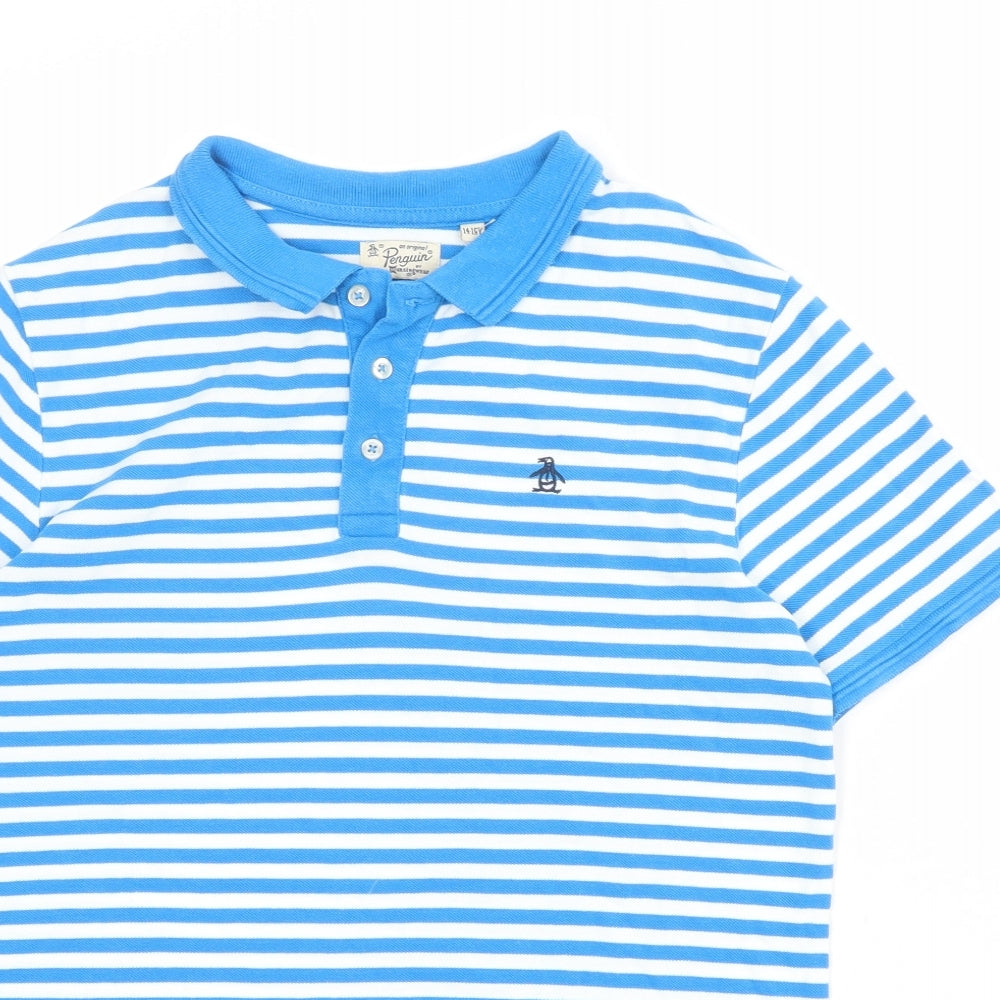 Penguin Boys Blue Striped 100% Cotton Basic Polo Size 14-15 Years Collared Button