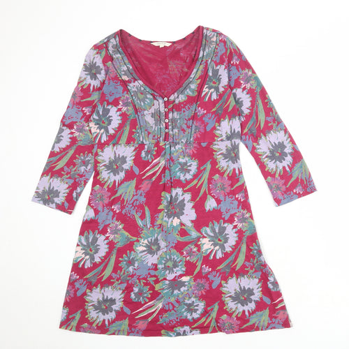 Marks and Spencer Womens Purple Floral 100% Cotton A-Line Size 12 V-Neck Button