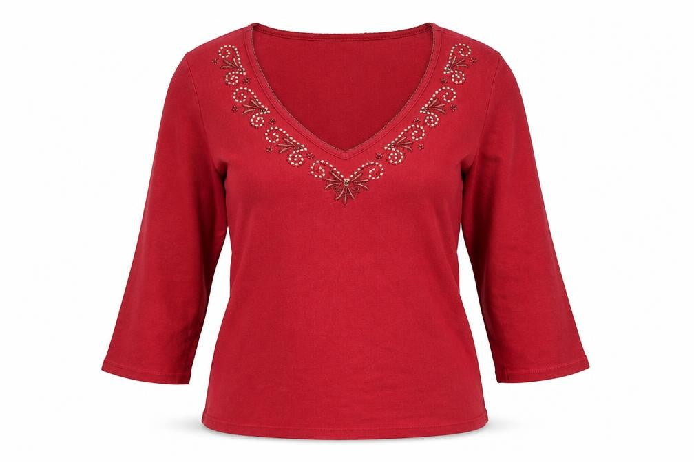 Front view of Marks & Spencer women’s red 100% cotton basic blouse, size UK 12, v-neck