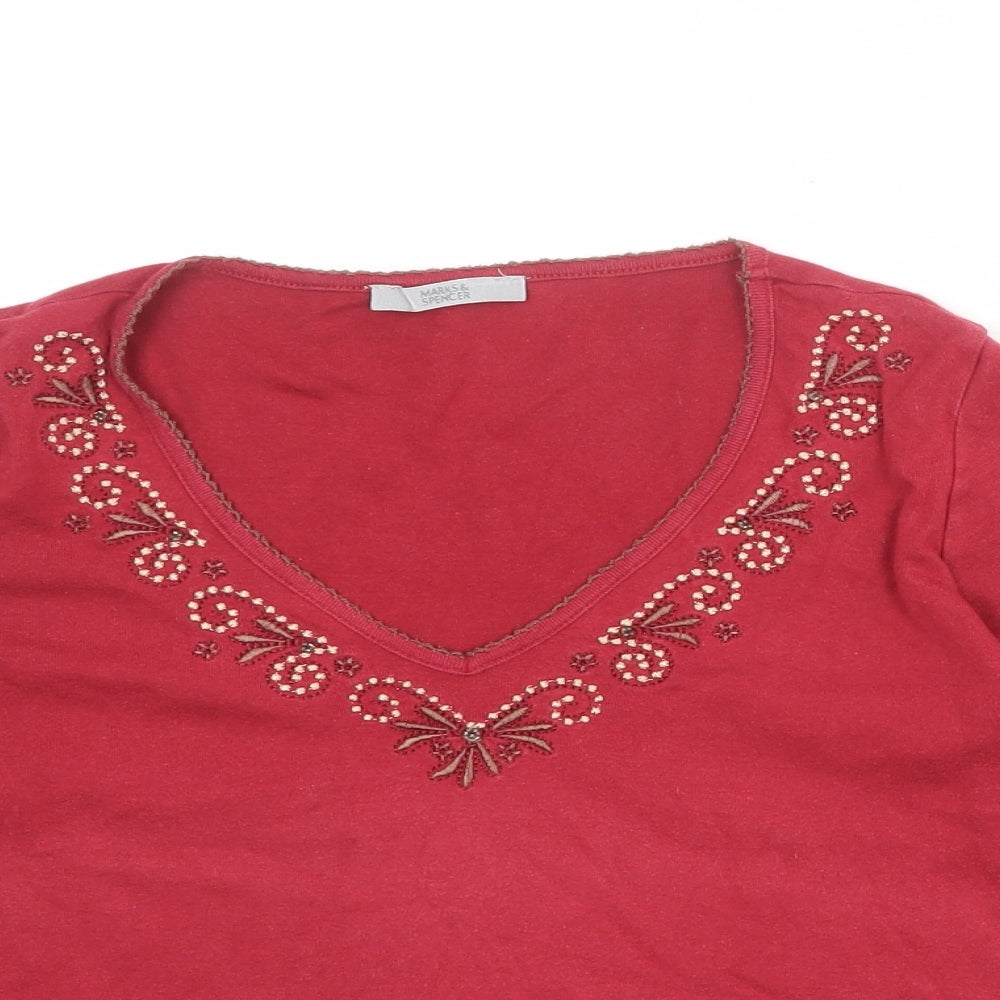 Marks and Spencer Womens Red 100% Cotton Basic Blouse Size 12 V-Neck
