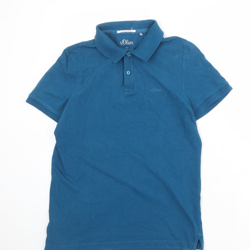 s.Oliver Mens Blue 100% Cotton Polo Size S Collared Button