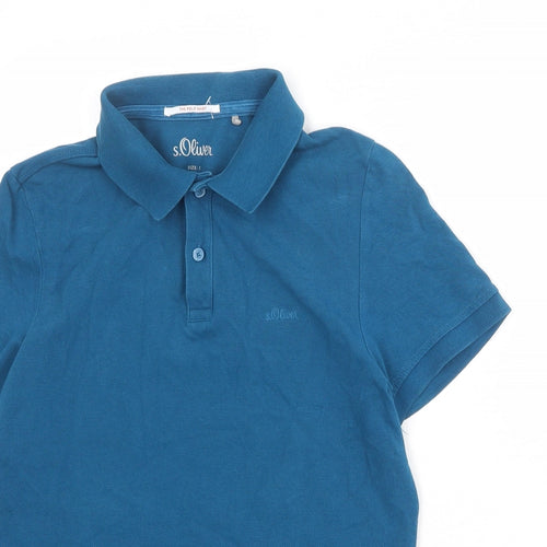 s.Oliver Mens Blue 100% Cotton Polo Size S Collared Button