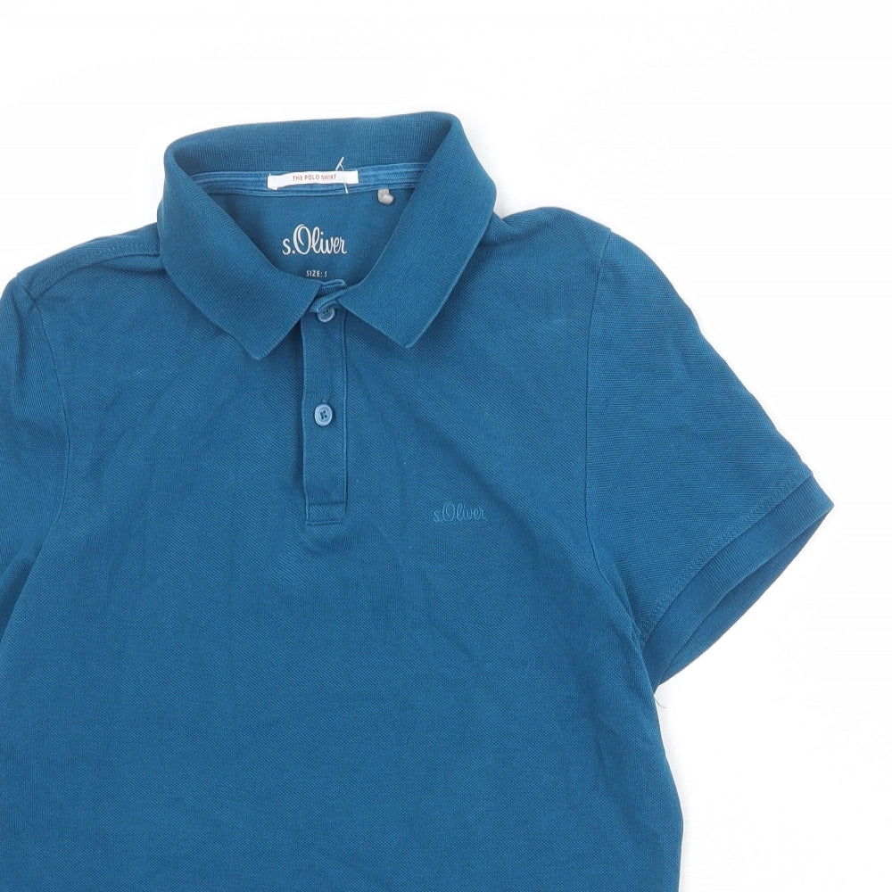 s.Oliver Mens Blue 100% Cotton Polo Size S Collared Button