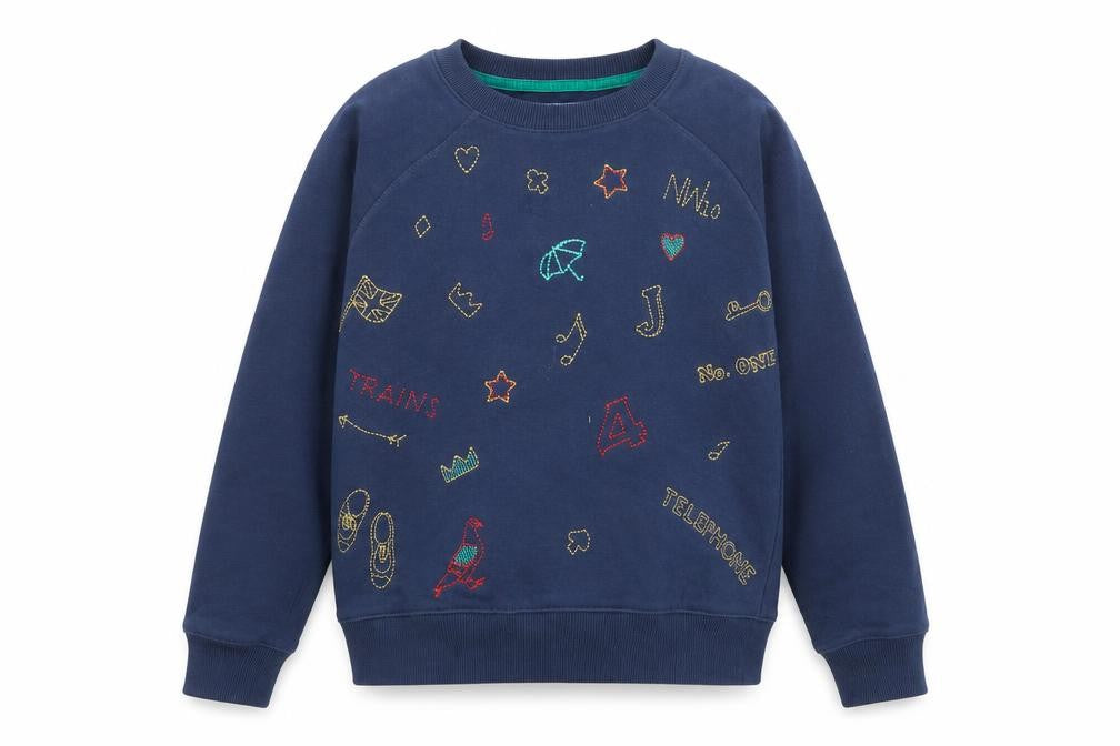 Front view of Johnnie B boys’ blue geometric cotton pullover sweatshirt, size 11-12, years pullover