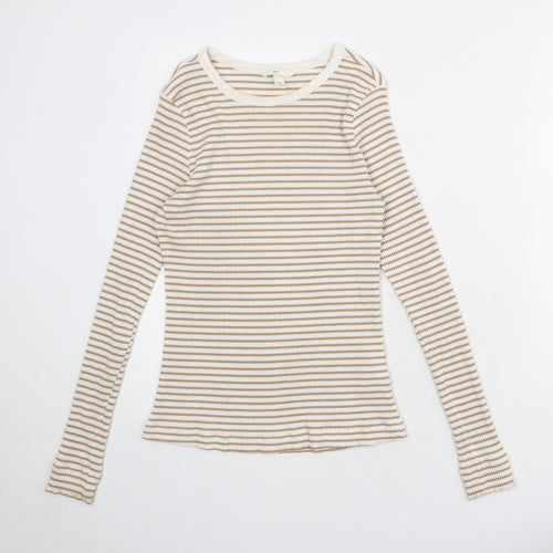 H&M Womens White Striped Cotton Basic T-Shirt Size M Round Neck