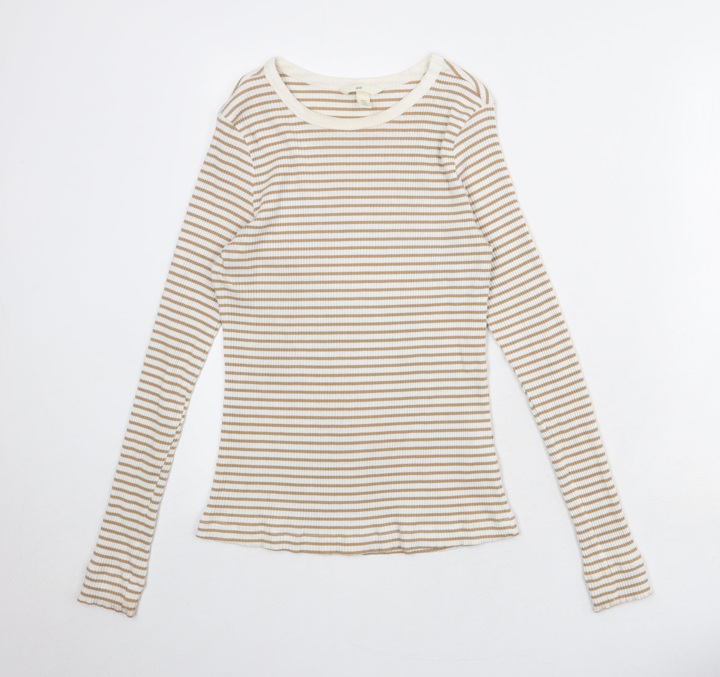 H&M Womens White Striped Cotton Basic T-Shirt Size M Round Neck