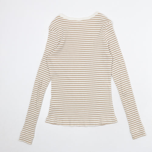 H&M Womens White Striped Cotton Basic T-Shirt Size M Round Neck