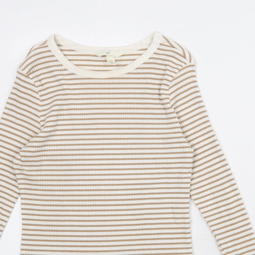 H&M Womens White Striped Cotton Basic T-Shirt Size M Round Neck