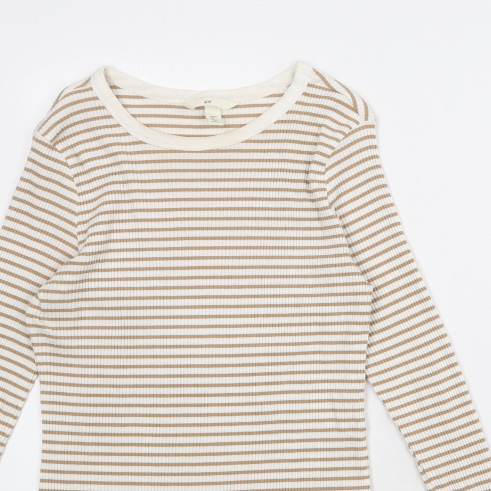 H&M Womens White Striped Cotton Basic T-Shirt Size M Round Neck