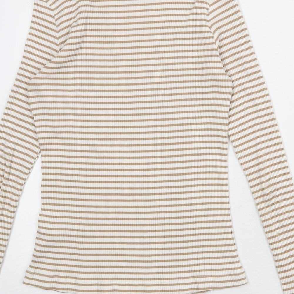 H&M Womens White Striped Cotton Basic T-Shirt Size M Round Neck