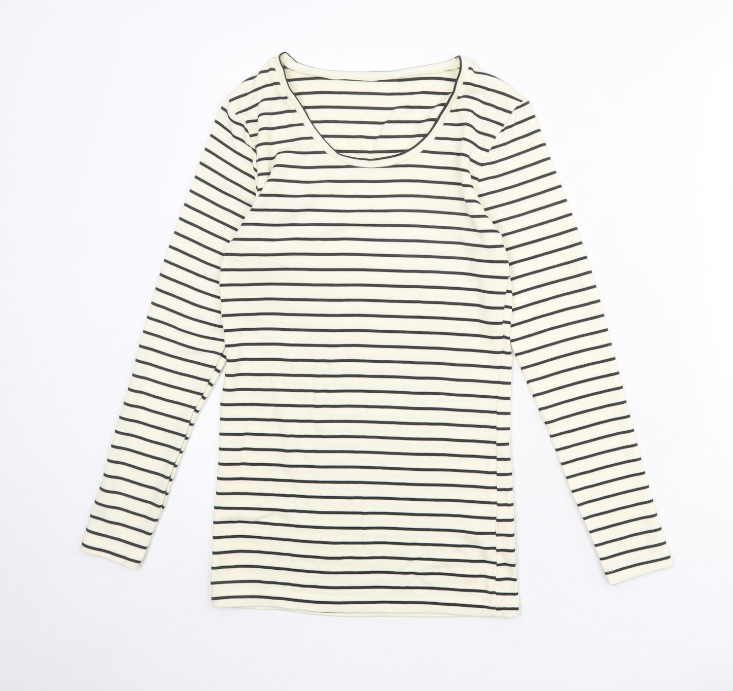 Marks and Spencer Womens Ivory Striped Acrylic Basic T-Shirt Size 12 Round Neck