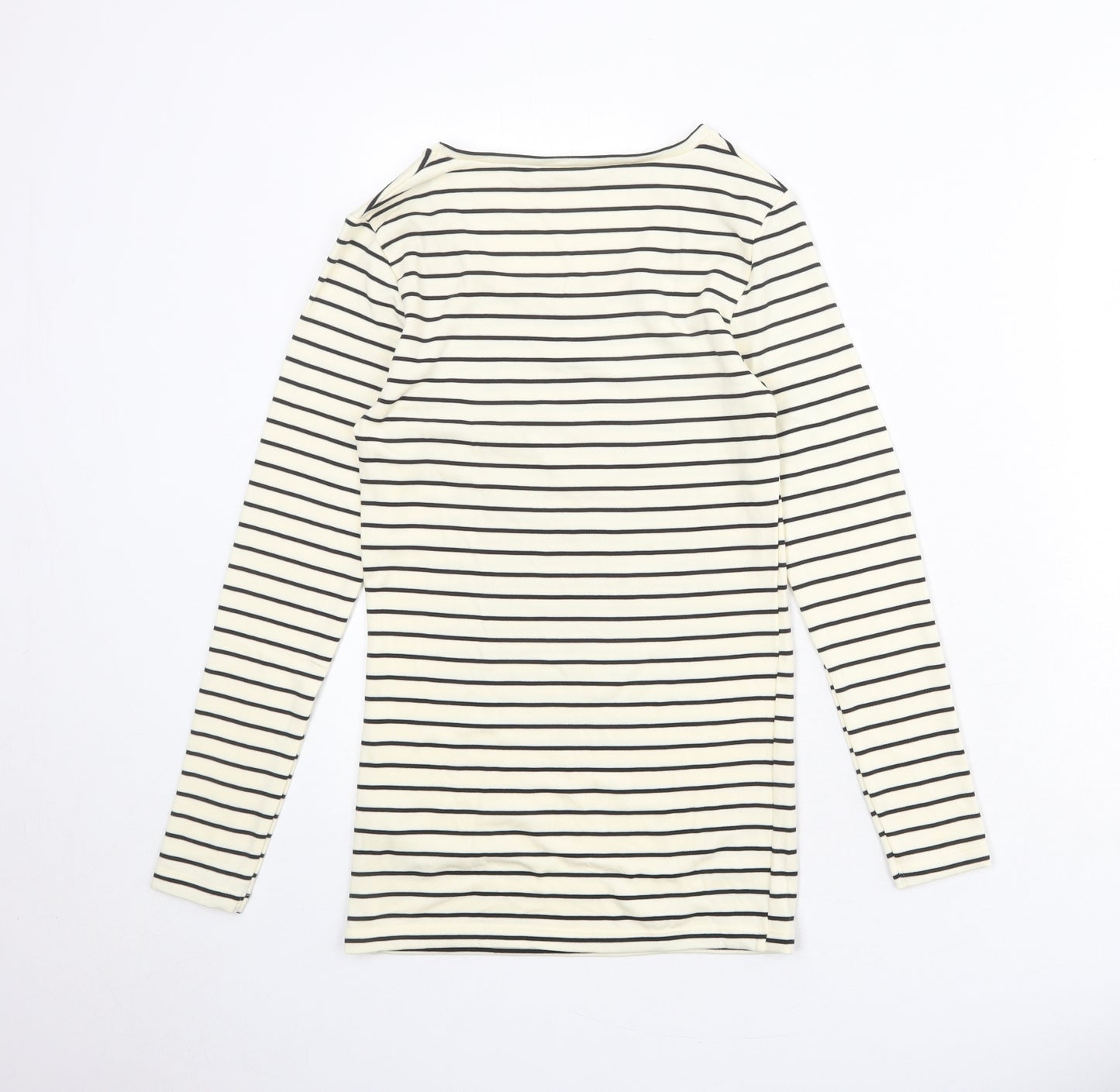 Marks and Spencer Womens Ivory Striped Acrylic Basic T-Shirt Size 12 Round Neck