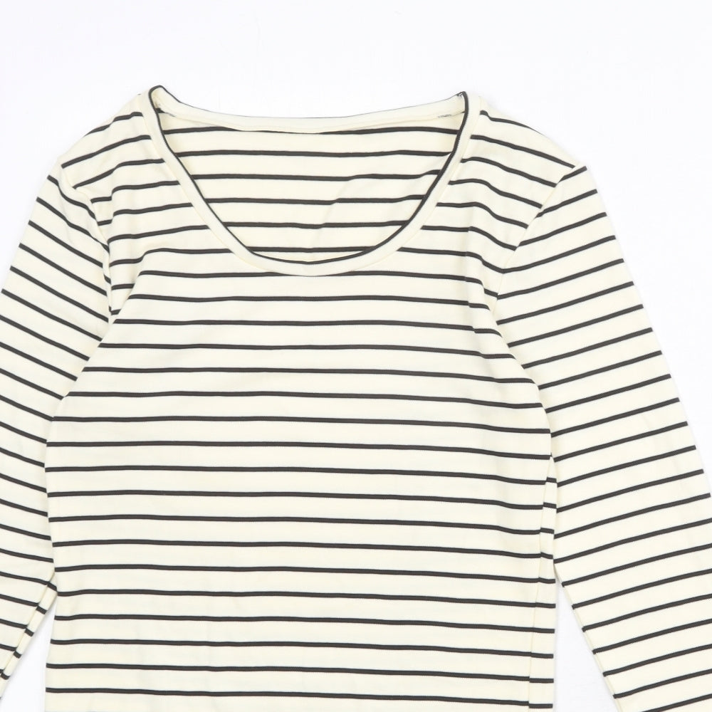 Marks and Spencer Womens Ivory Striped Acrylic Basic T-Shirt Size 12 Round Neck