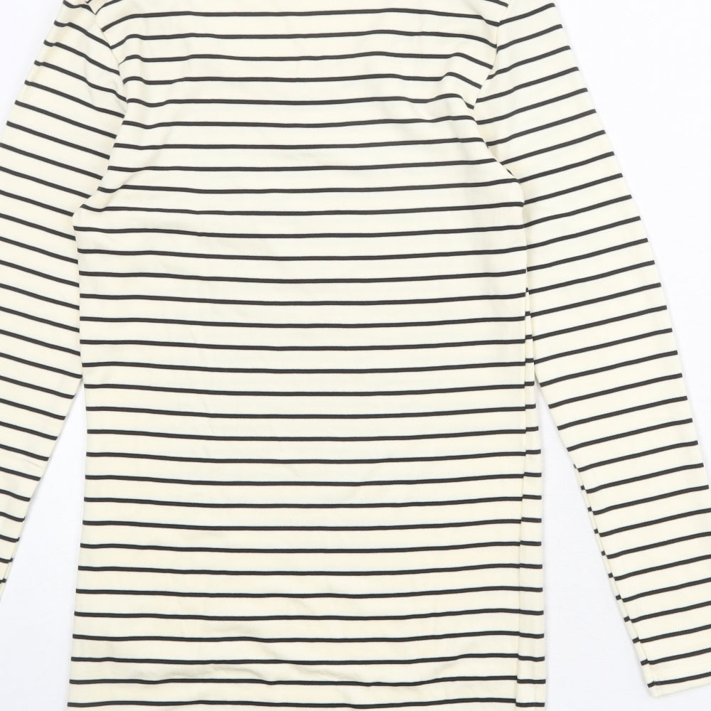 Marks and Spencer Womens Ivory Striped Acrylic Basic T-Shirt Size 12 Round Neck