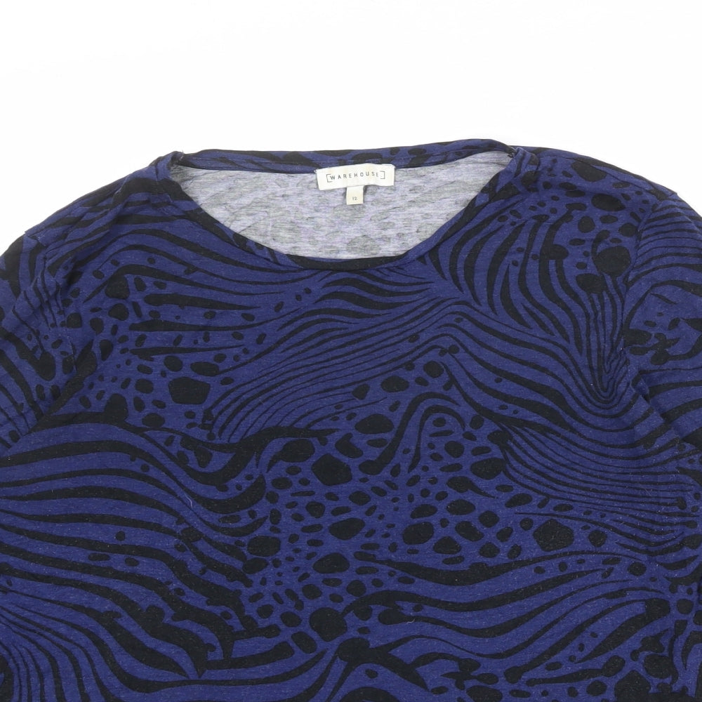 Warehouse Womens Blue Geometric Viscose Basic T-Shirt Size 12 Round Neck