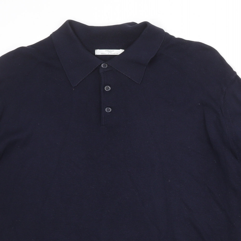 St Michael Mens Blue 100% Cotton Polo Size L Collared Button