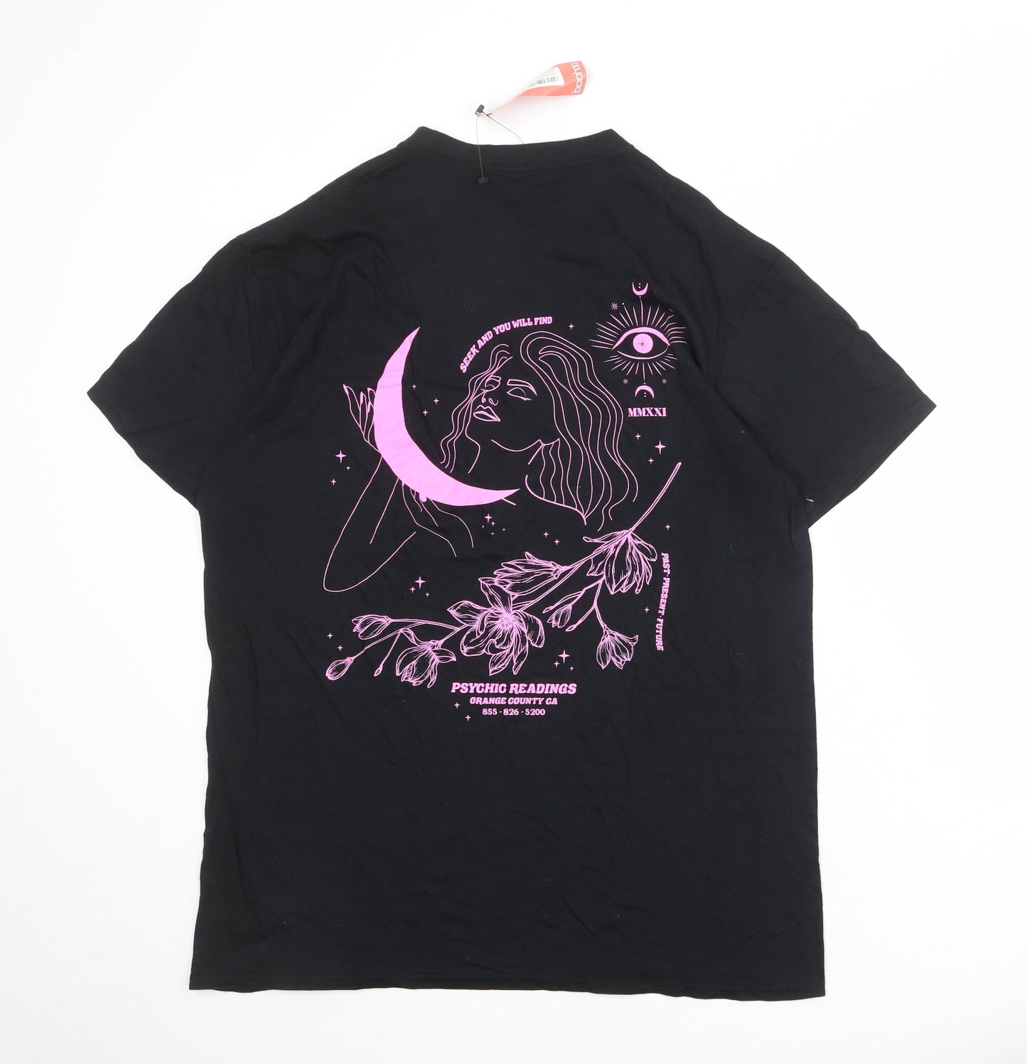 Boohoo Womens Black Polyester Basic T-Shirt Size 16 Crew Neck - Moon And Stars Back Print
